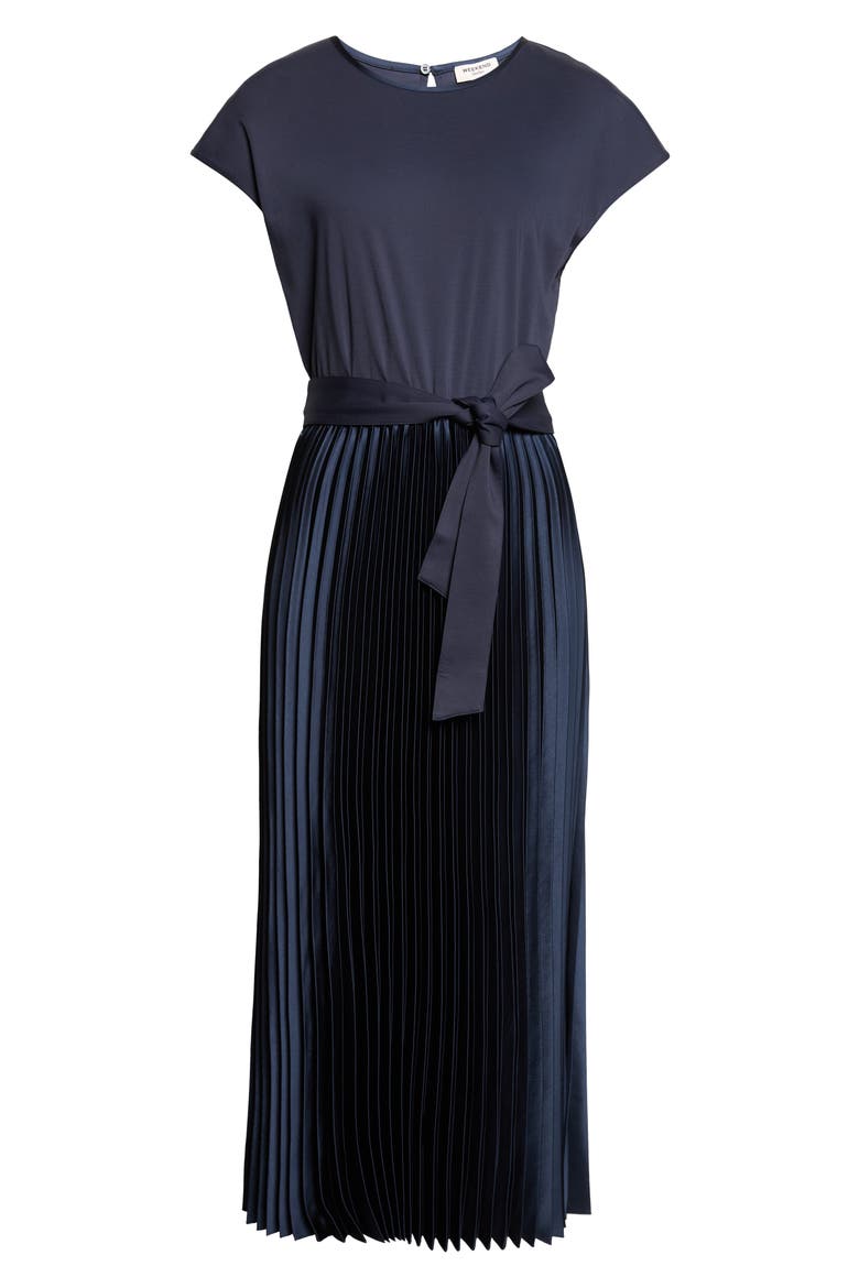 Tie Waist Pleated Satin Maxi Dress, Alternate, color, NAVY