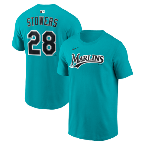 Name & Number T-Shirt Nike Kyle Stowers Teal Miami Marlins Name & Number T-Shirt