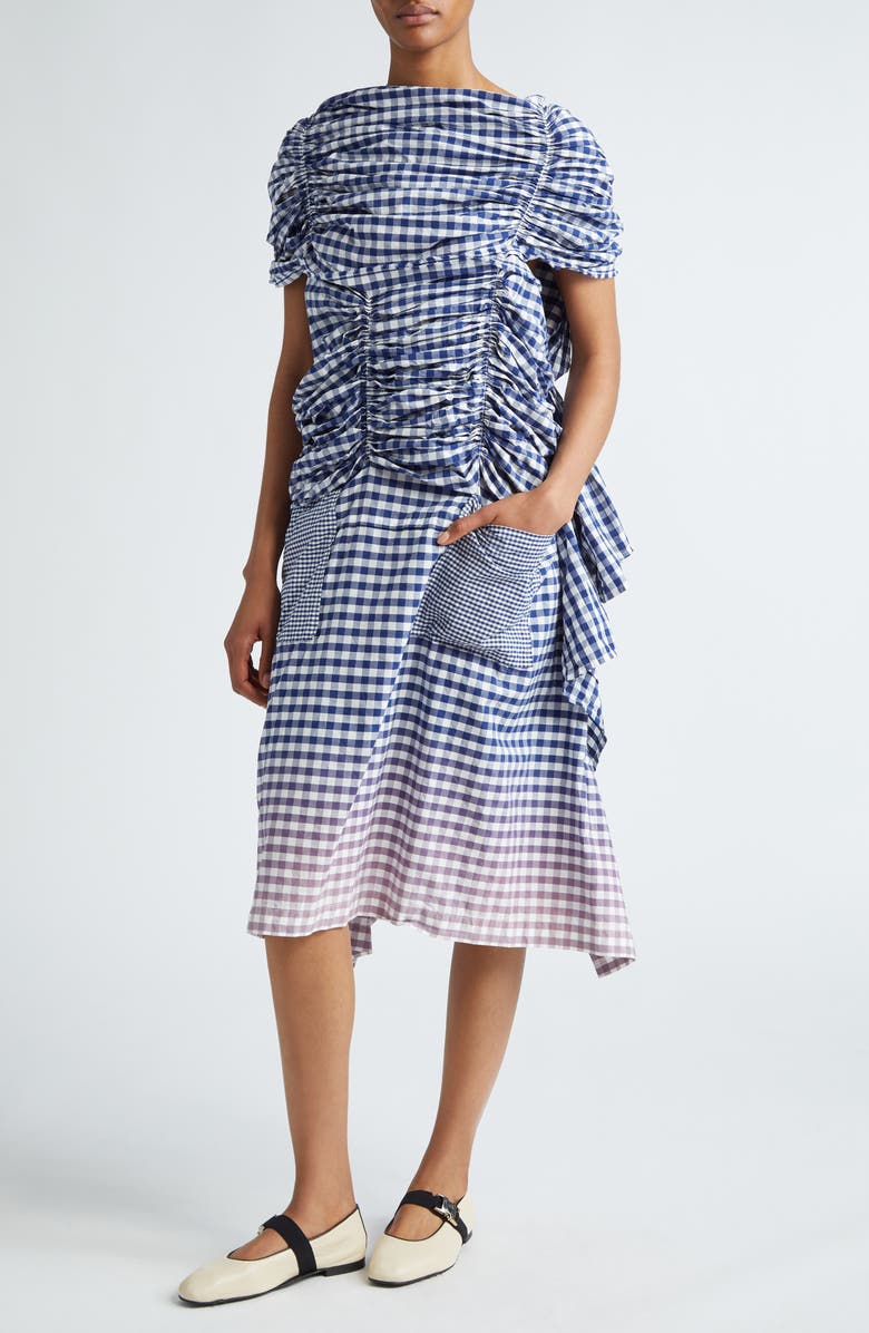 Tao Comme des Garçons Ombré Gingham Ruched Cotton Midi Dress, Alternate, color, 