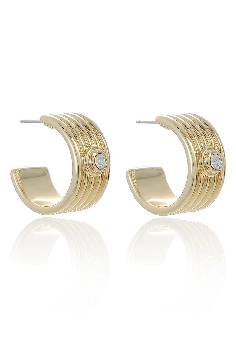 Ettika Medium Ribbed Cubic Zirconia Huggie Hoop Earrings, Alternate, color, Gold