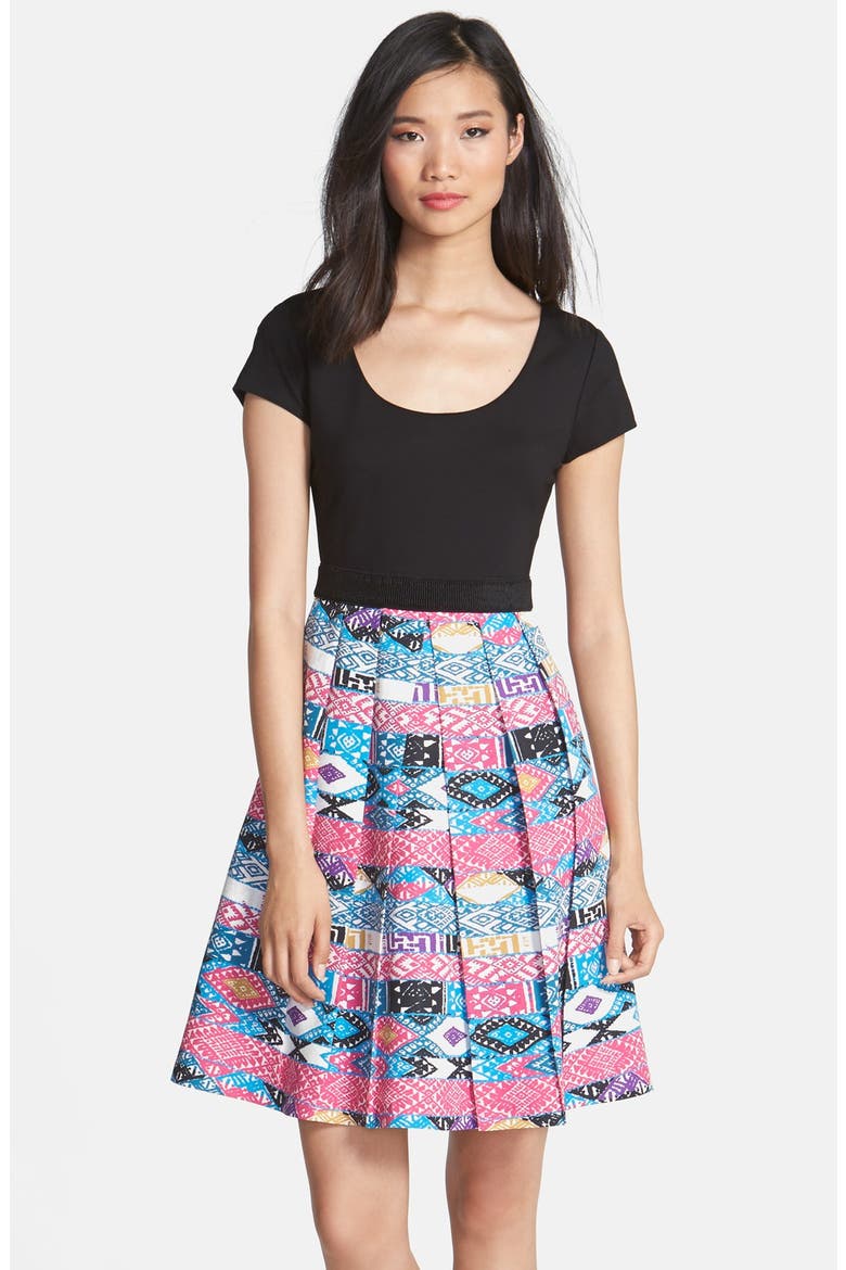 'Zoe' Print Skirt Fit & Flare Dress, Alternate, color, TRIBAL FLAGS