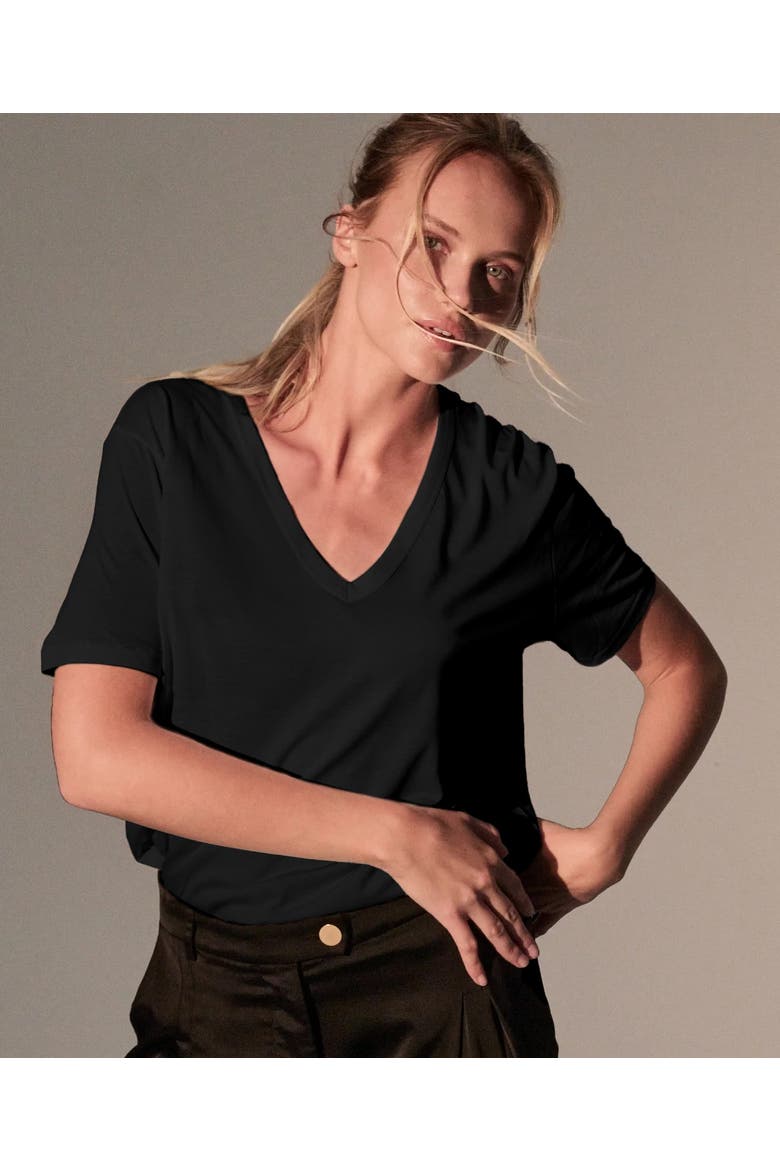 Lyocell Cotton Semi Relaxed Short Sleeve V-Neck T-Shirt, Main, color, NOIR