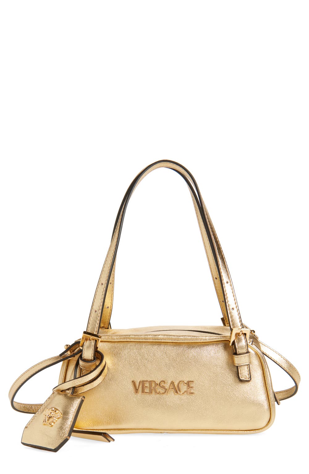 Mini Tag Bowling Metallic Leather Shoulder Bag, color, MEKONG GOLD VERSACE