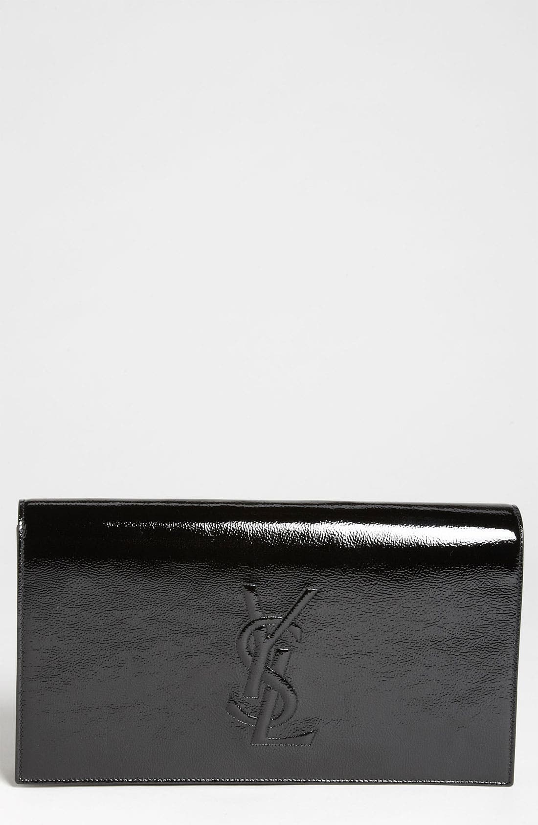 'Belle de Jour' Patent Leather Clutch, Main, color, BLACK