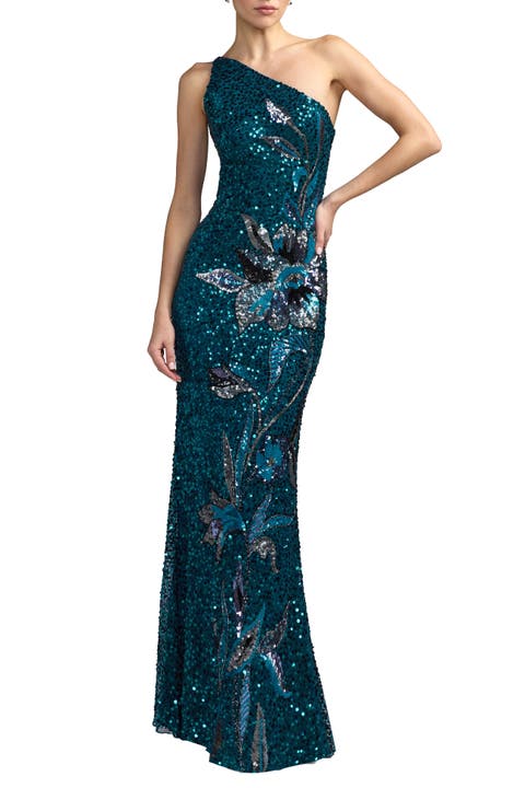 Petite One-Shoulder Floral Sequin Evening Gown