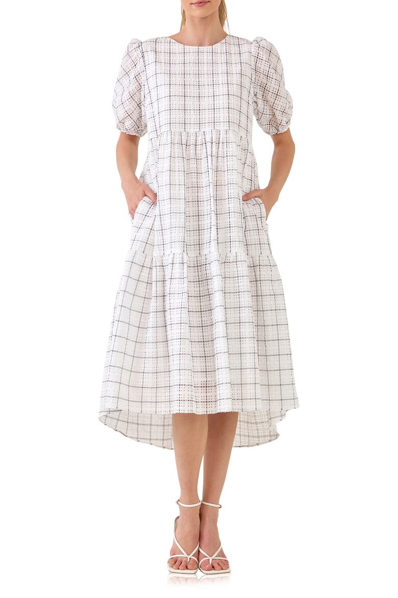 Plaid Tiered Ruffle Cotton Blend Dress, Main, color, WHITE