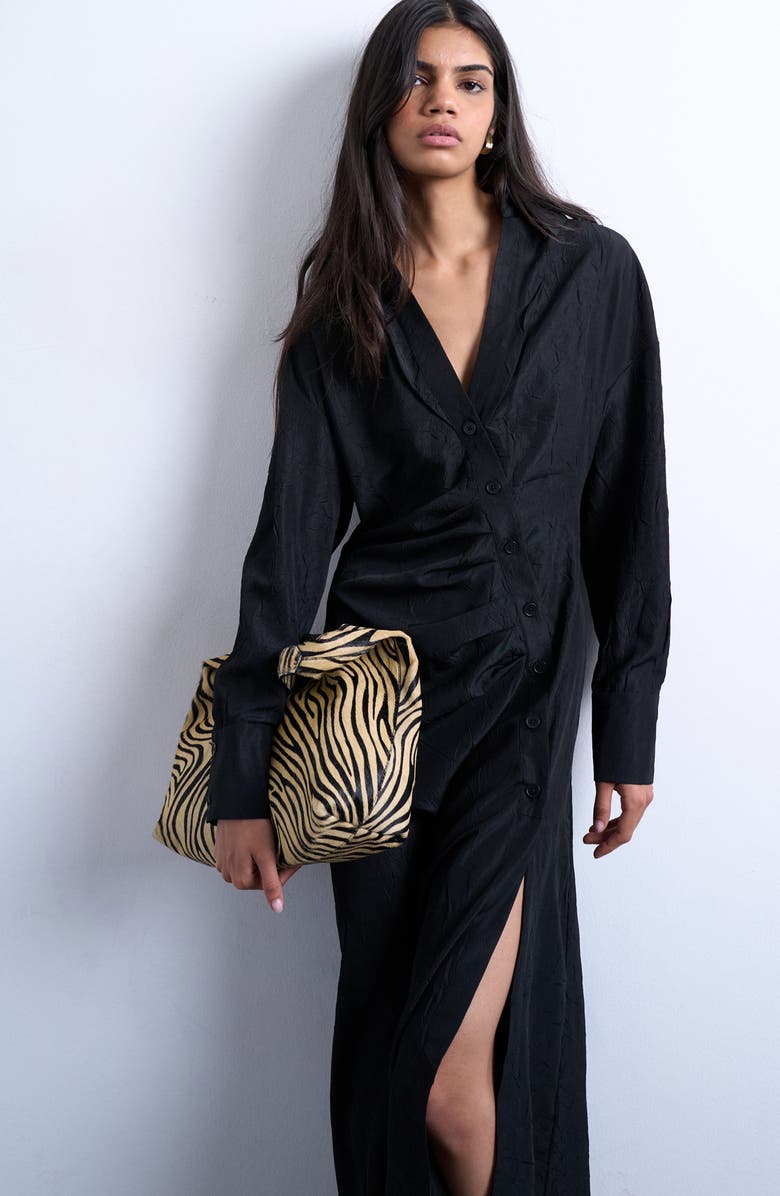 Topshop Long Sleeve Textured Shirtdress, Alternate, color, Black