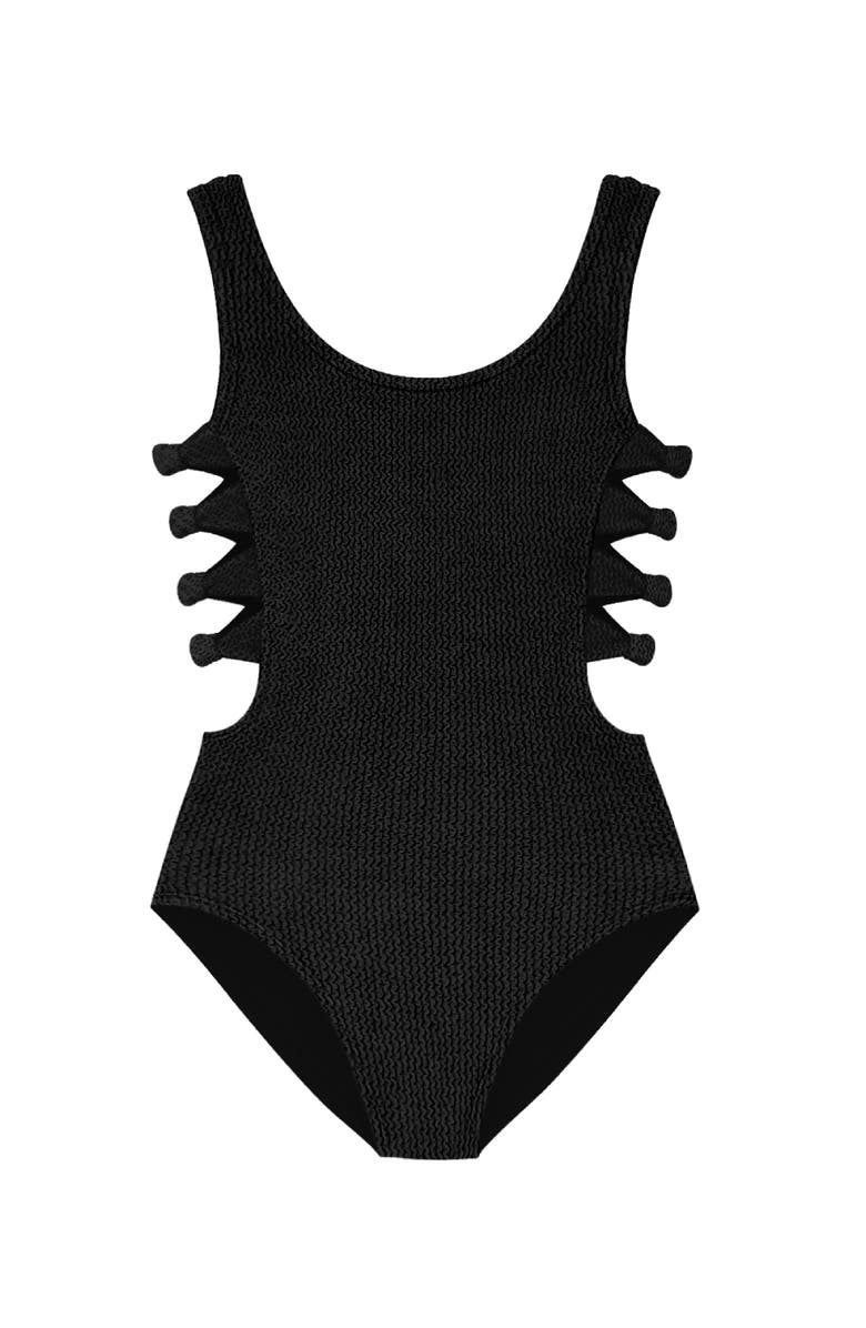 Limeapple Crinkle Bow Side Cutout One Piece - Juniors, Alternate, color, Black