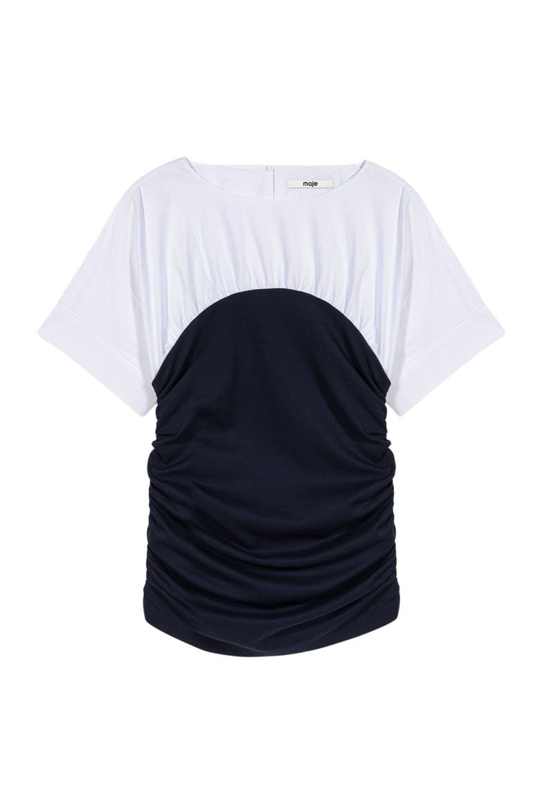 Pleated jersey top, Alternate, color, White/navy