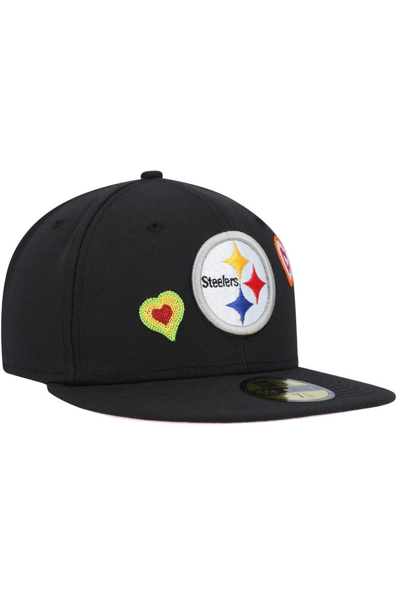 Men's New Era Black Pittsburgh Steelers Chain Stitch Heart 59FIFTY Fitted Hat, Alternate, color, Black