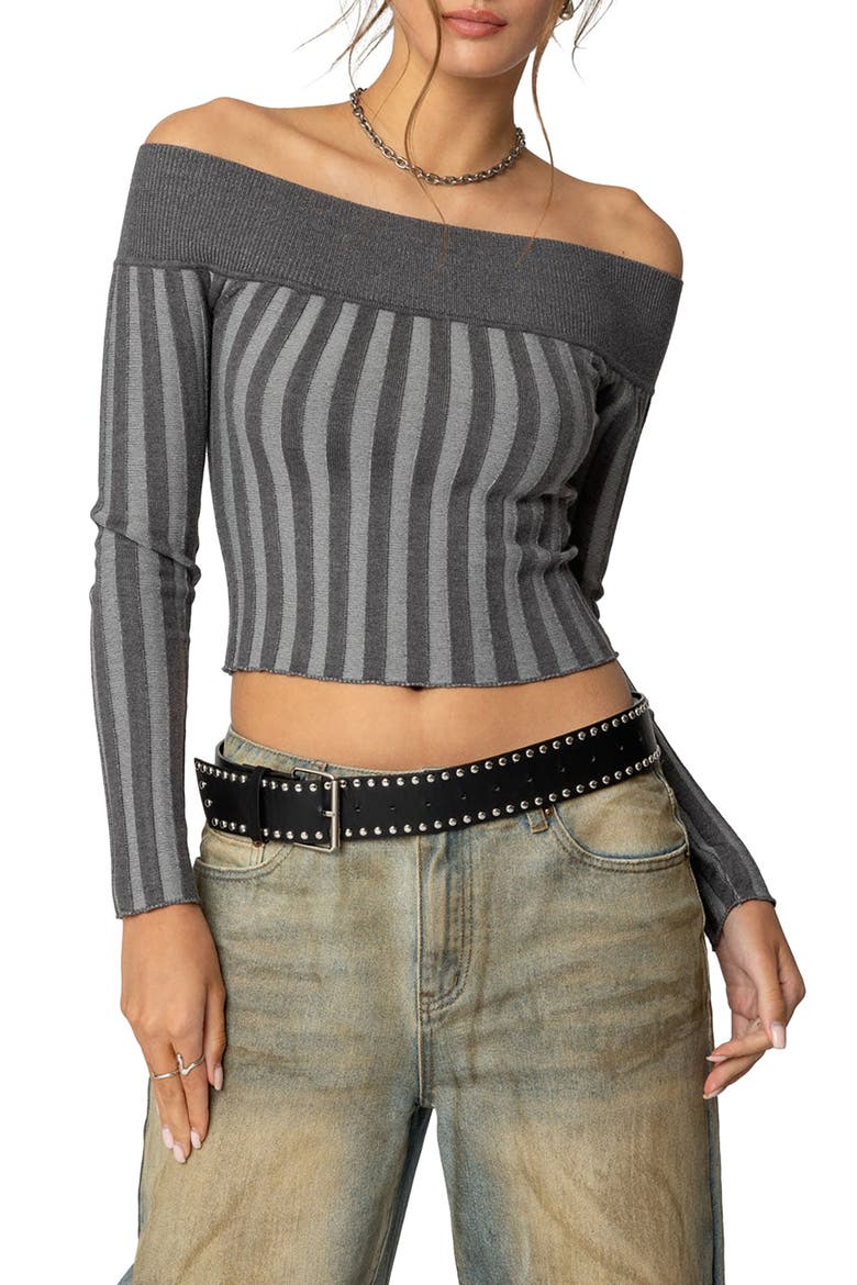 Daren Off the Shoulder Ribbed Crop Sweater, Main, color, DARK-GRAY