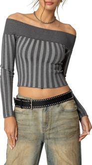 EDIKTED Daren Off the Shoulder Ribbed Crop Sweater