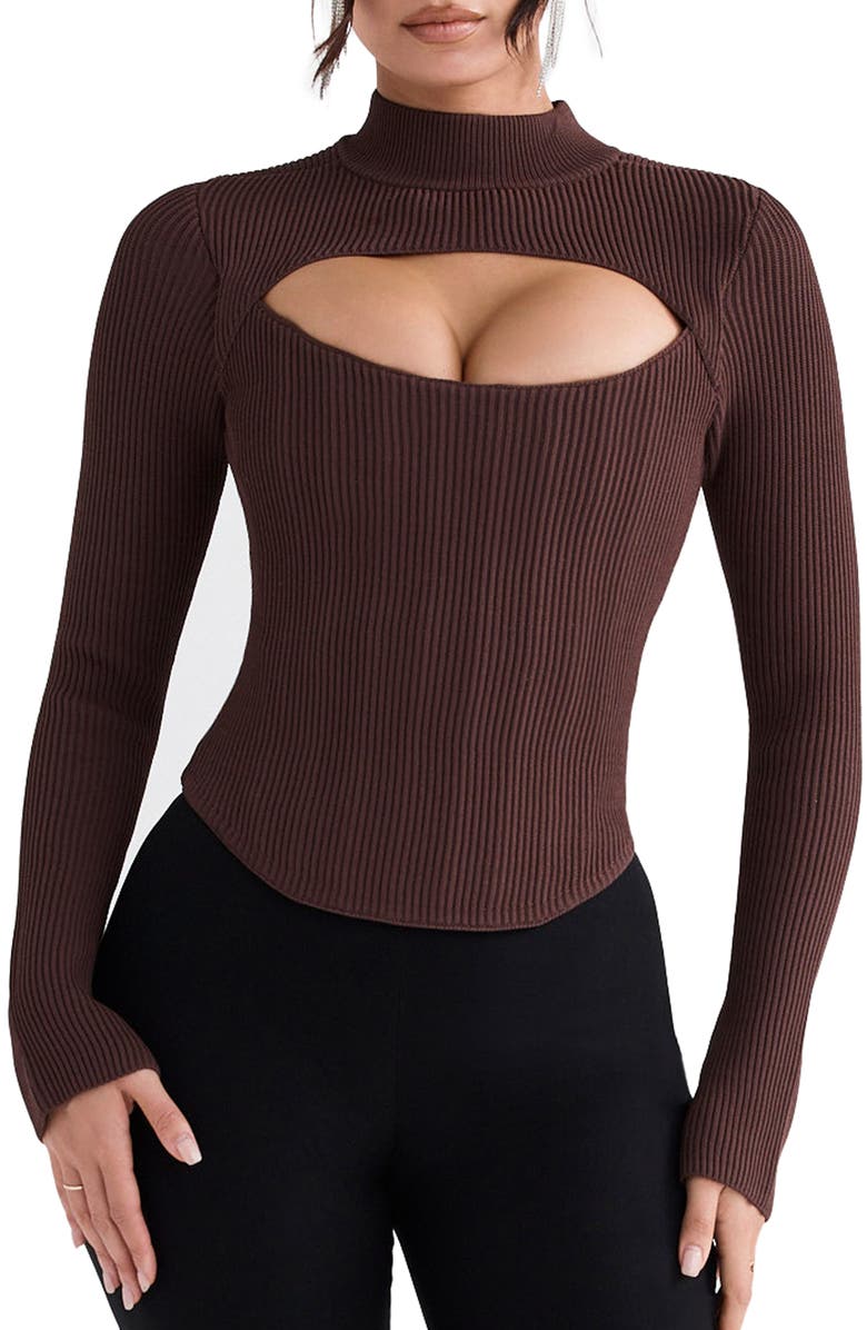 HOUSE OF CB Georgina Rib Cutout Long Sleeve Corset Top, Main, color, 