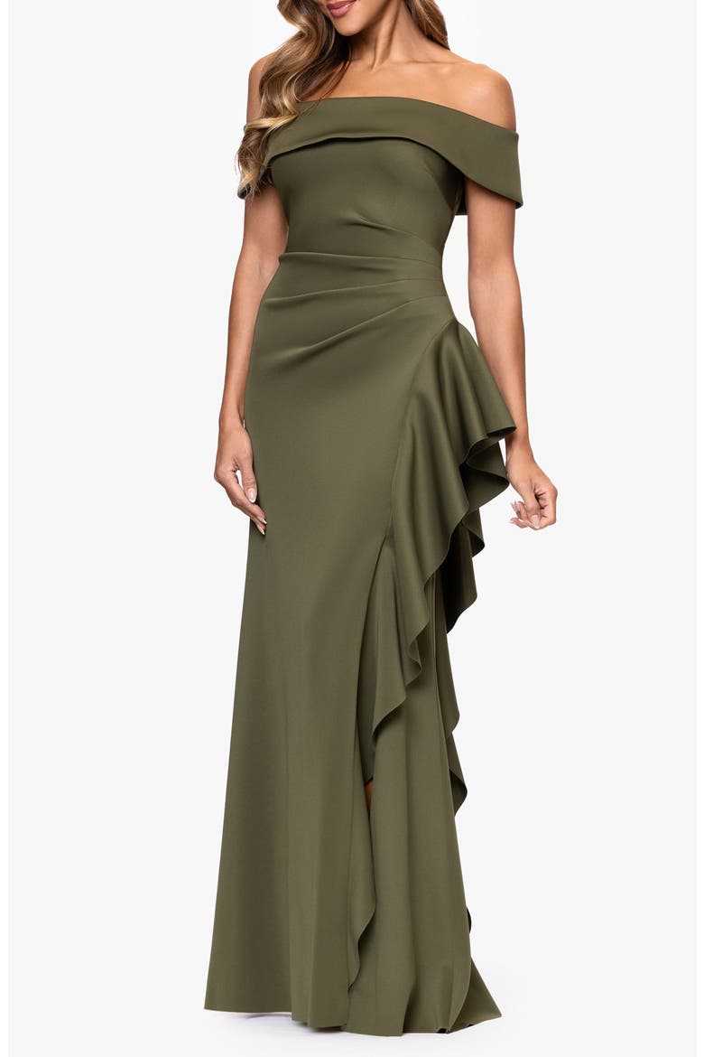 Ruffle Off the Shoulder Scuba Knit Gown, Alternate, color, OLIVE
