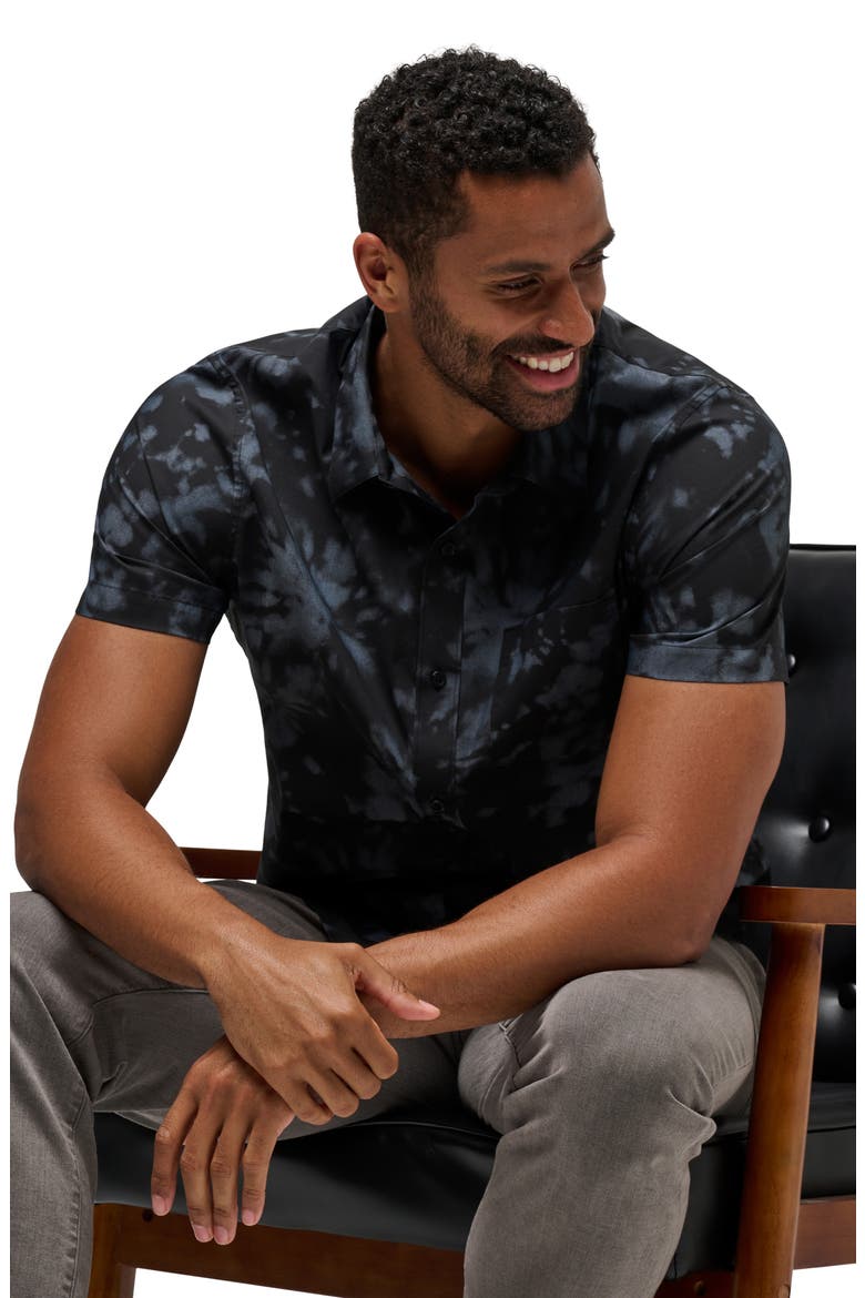 Warmer Tides Tie Dye Short Sleeve Stretch Button-Up Shirt, Alternate, color, BLACK