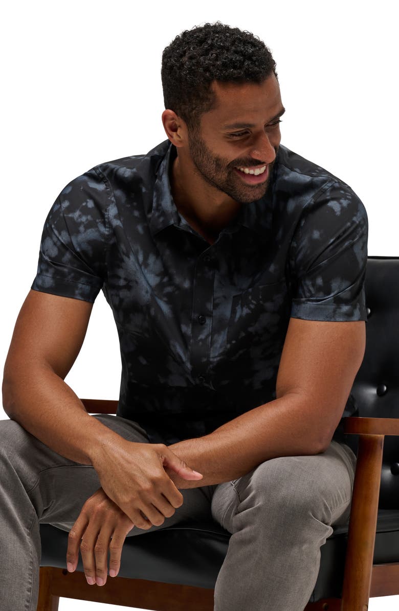 TravisMathew Warmer Tides Tie Dye Short Sleeve Stretch Button-Up Shirt, Alternate, color, Black
