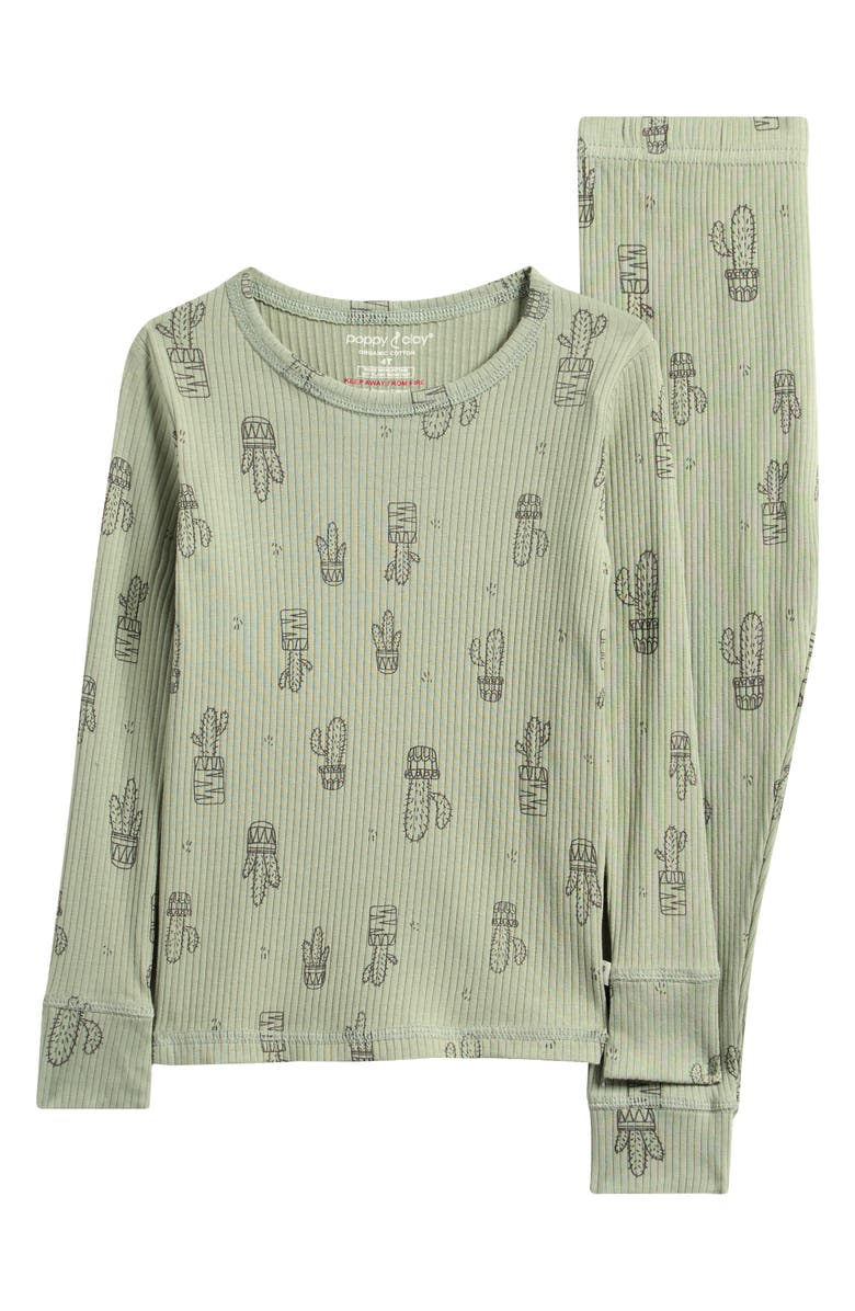 Poppy & Clay Kids' Harmony Rib Fitted Two-Piece Pajamas, Main, color, Green Ground Cactus