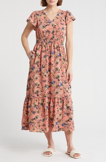 Melrose And Market Flutter Sleeve Smocked Waist Midi Dress In Pink- Olive Essie Floral