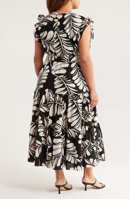 Anne Klein Leaf Print Ruffle Tie Waist Midi Dress In Black