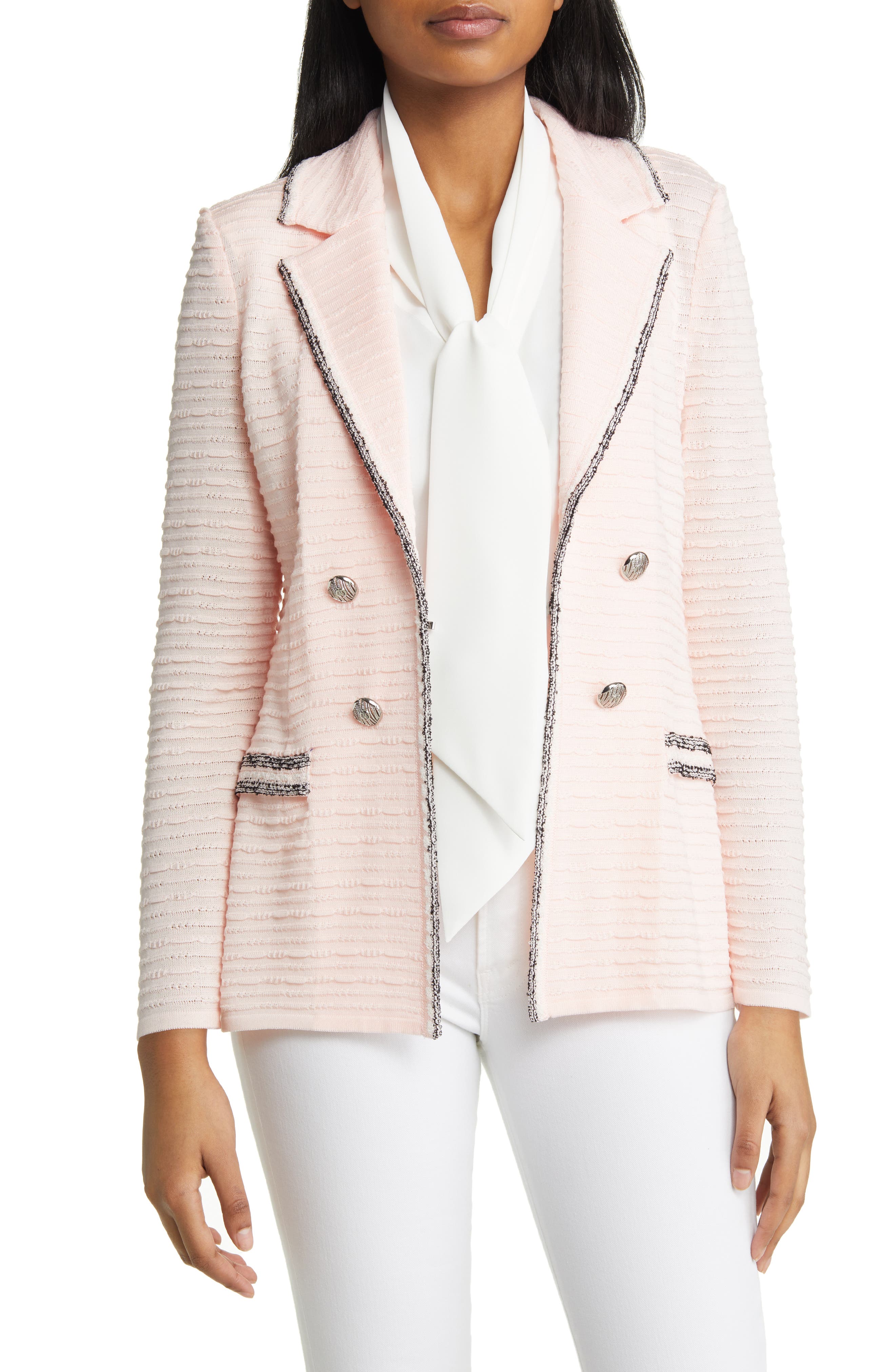 Ming Wang Contrast Trim Textured Knit Blazer