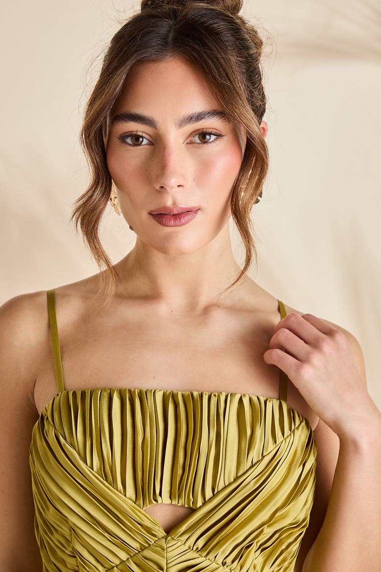 Pleated Peplum Strappy Satin Dress, Alternate, color, Olive