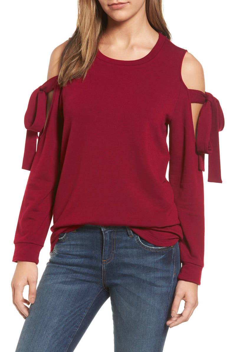 Pleione Cold Shoulder Tie Sleeve Sweatshirt, Main, color, Red Chili