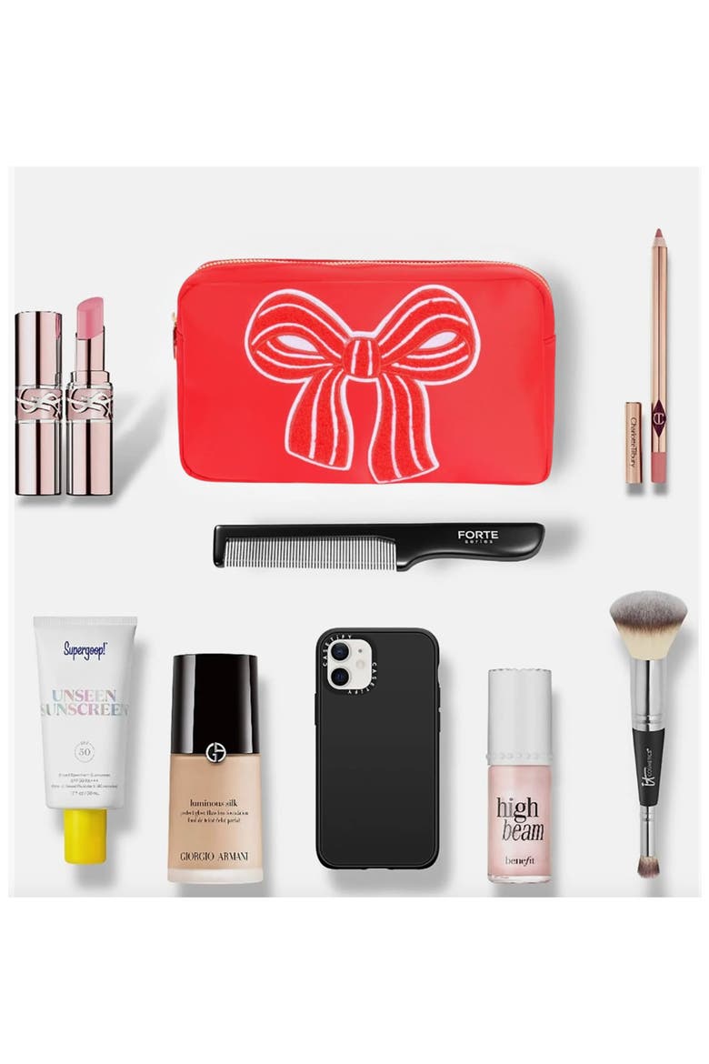 Medium Bow Cosmetics Bag, Alternate, color, RED/RED STRIPE
