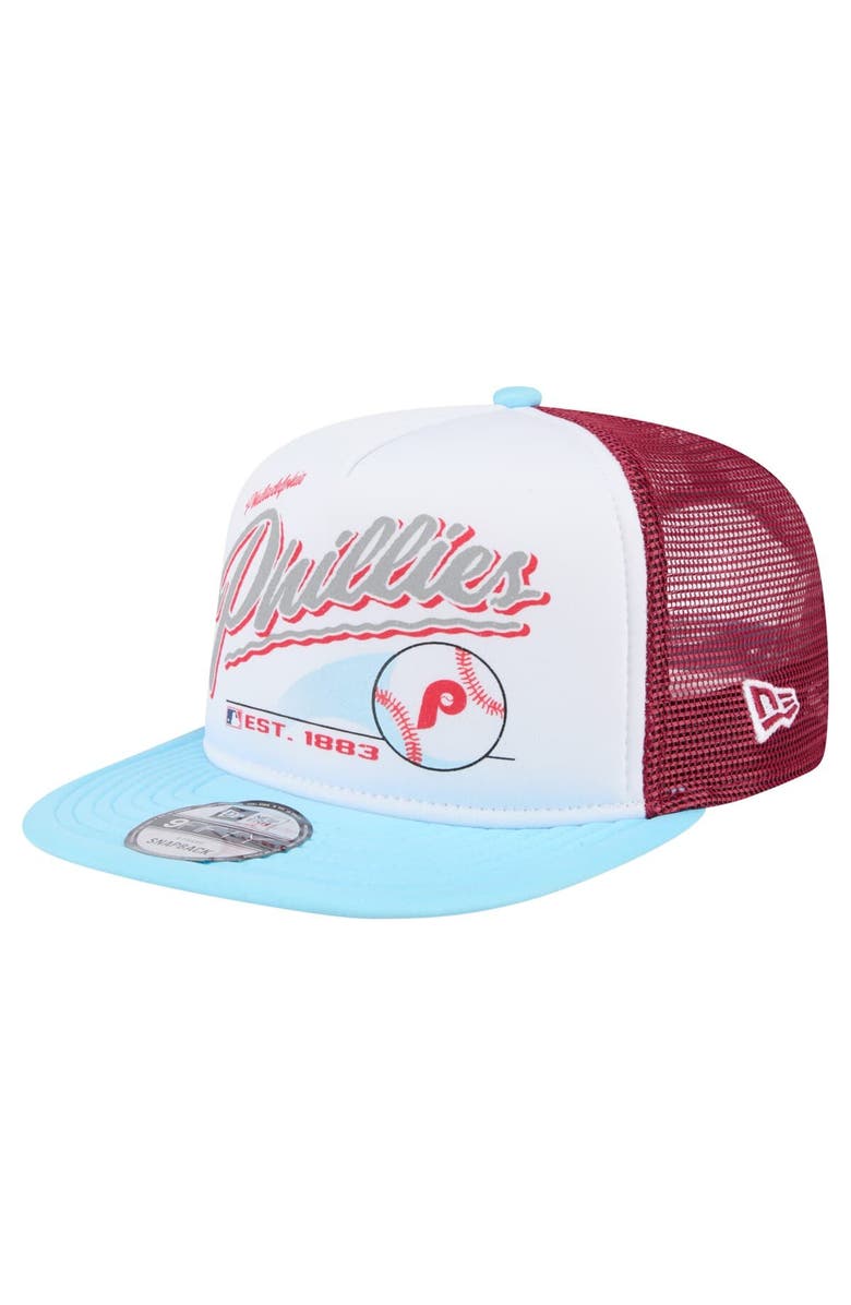 New Era Men's New Era White/Light Blue Philadelphia Phillies Retro Script Trucker 9FIFTY Snapback Hat, Main, color,