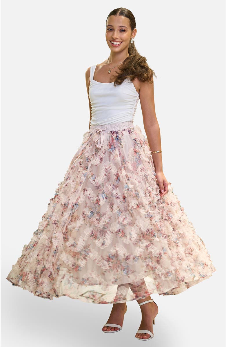 Yumi Floral Ruffle Mesh Midi Skirt, Alternate, color, Ivory