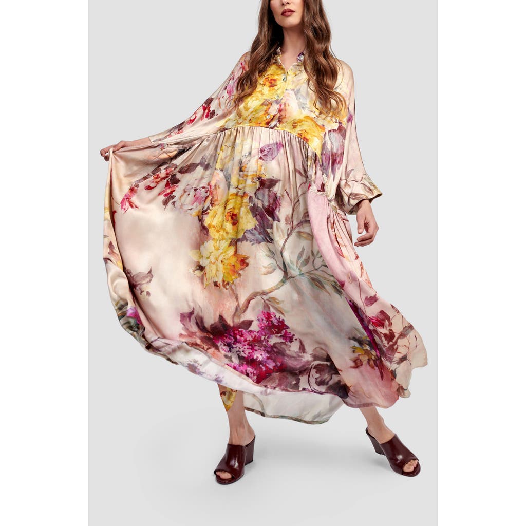 Alembika Rose-colored Flowers Oversized Satin Maxi In Multi