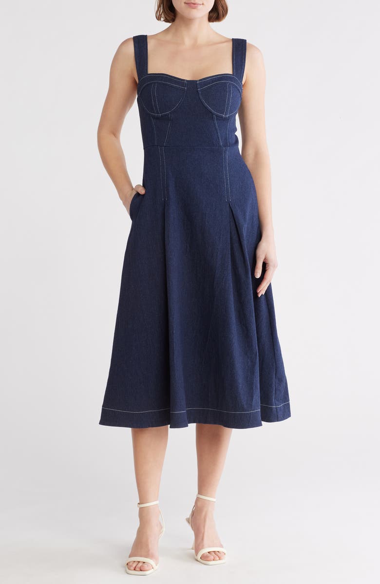 green emerald velvet dress Joseph Ribkoff Denim Fit And Flare Midi Dress With Belt Style 262901 main image 0