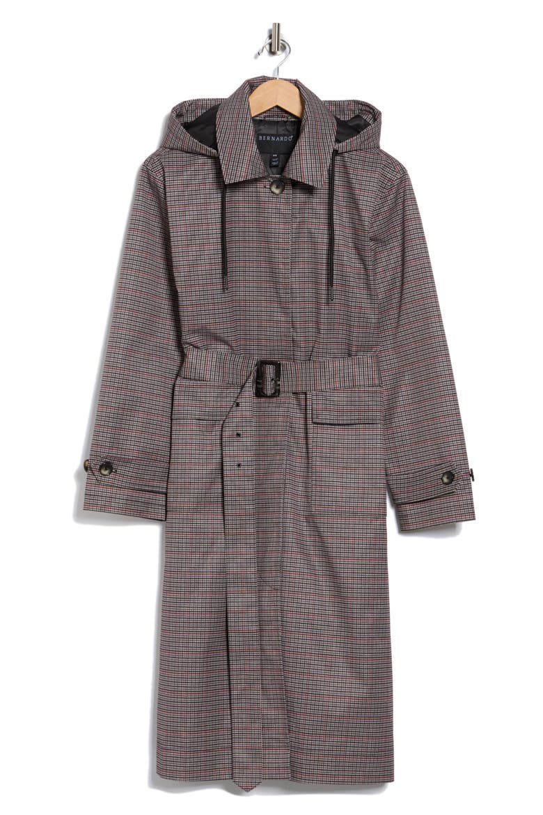 Plaid Belted Hooded Long Raincoat, Alternate, color, BROWN PLAID