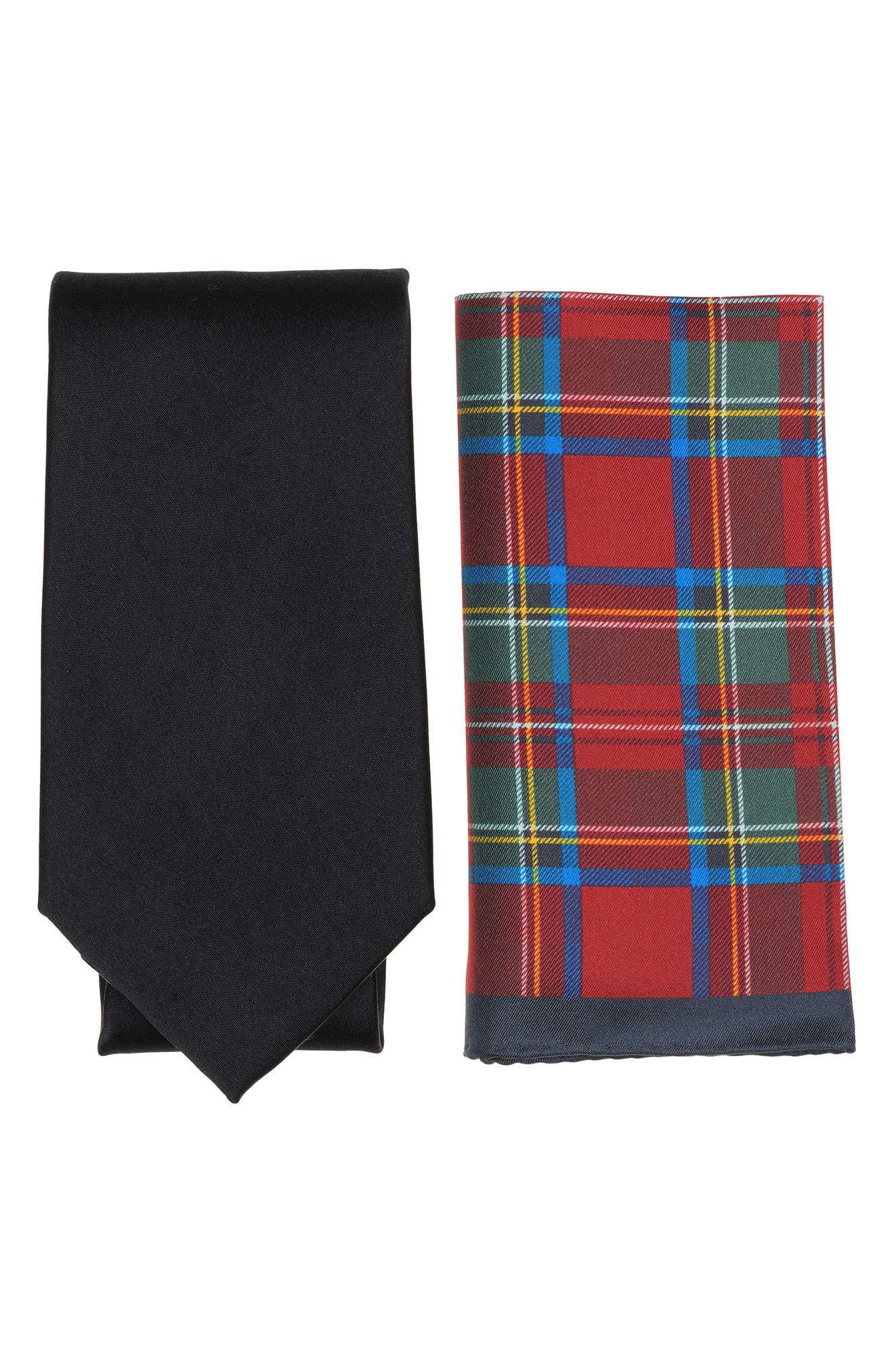 Brooks Brothers Solid Tie & Tartan Pocket Square Set