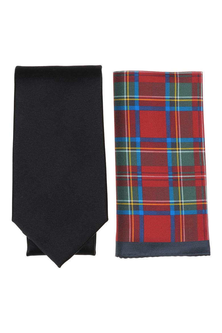 Solid Tie & Tartan Pocket Square Set, Main, color, BLACK