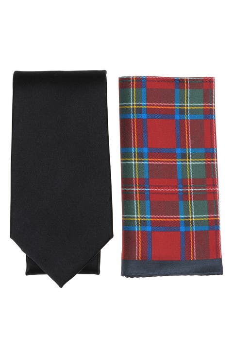 Solid Tie & Tartan Pocket Square Set