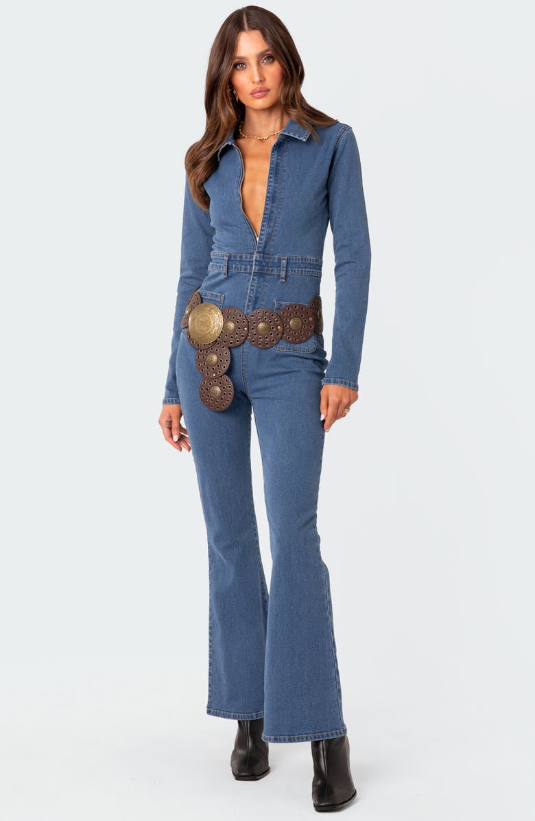 EDIKTED Zip Front Long Sleeve Flare Leg Denim Jumpsuit, Alternate, color,