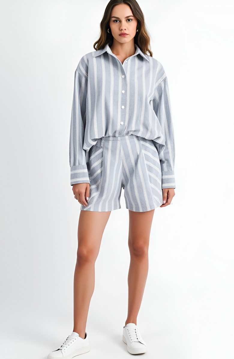 Modenaire Striped Button-Up Shirt and High-Waist Shorts Set with Relaxed Fit, Alternate, color, 
