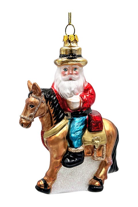 Cowboy Santa On Horseback Glass Ornament
