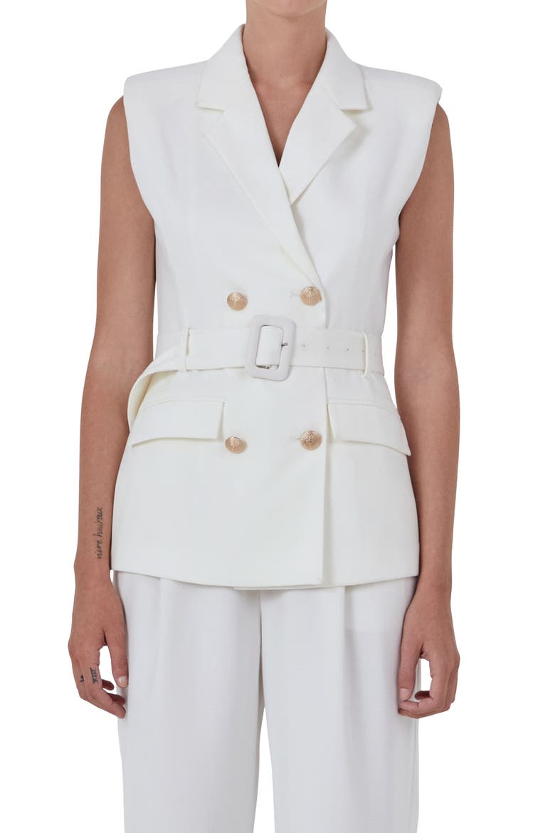 Shoulder Pad Belted Sleeveless Double Breasted Blazer, Alternate, color, IVORY
