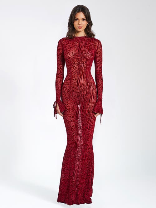 Miss Circle Waylynn Sheer Burnout Velvet Backless Evening Maxi Dress In Red