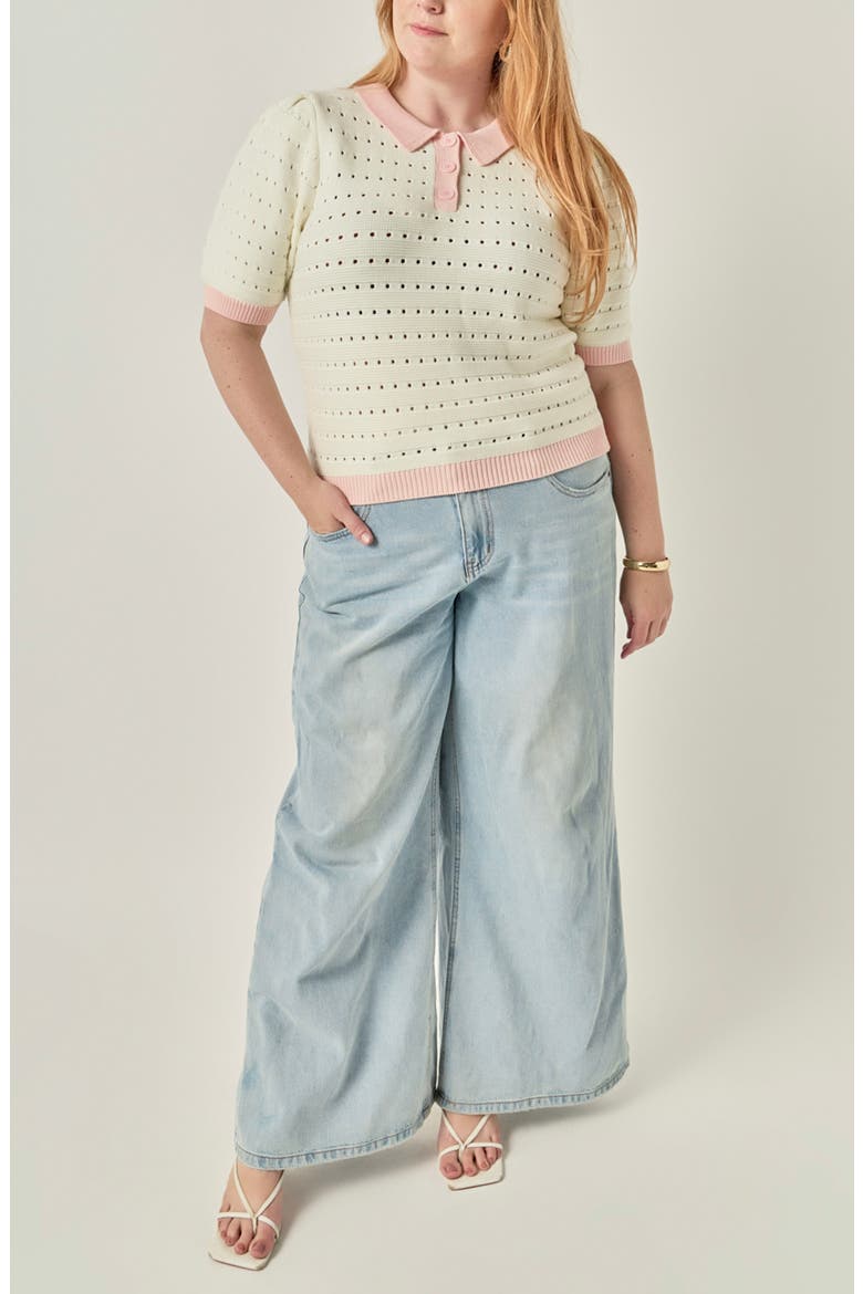 Colorblock Pointelle Short Sleeve Polo Sweater, Alternate, color, IVORY/ PINK
