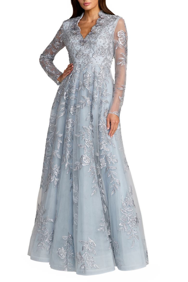 Beaded Embroidered Mesh Long Sleeve A-Line Gown, Main, color, Slate Blue
