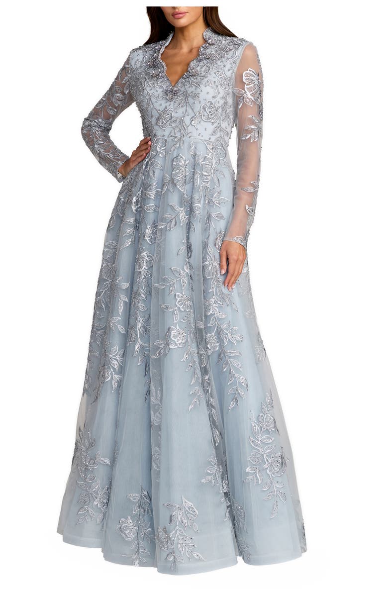 Mac Duggal Beaded Embroidered Mesh Long Sleeve A-Line Gown, Main, color, Slate Blue