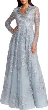 Mac Duggal Beaded Embroidered Mesh Long Sleeve A-Line Gown