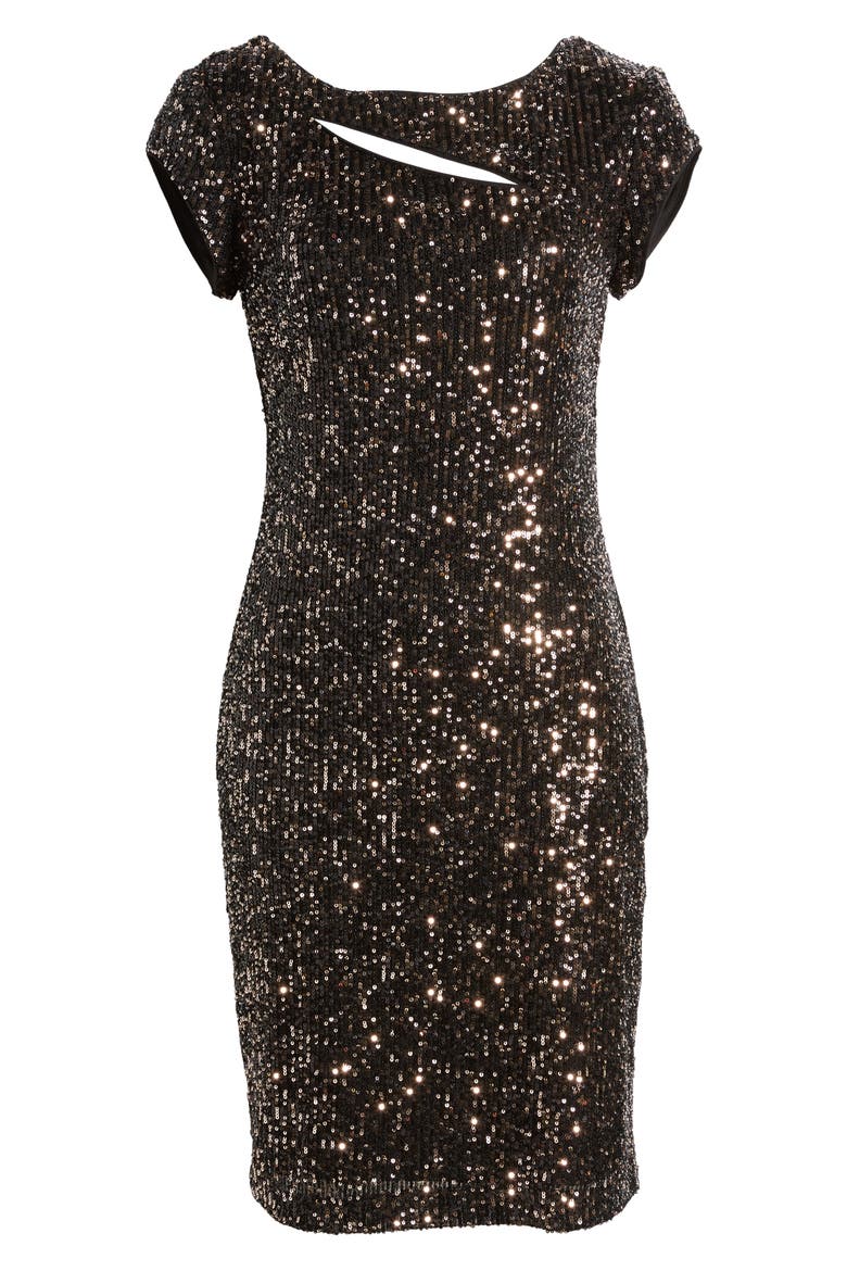 Sequin Cutout Cocktail Dress, Alternate, color, BLACK/ GOLD