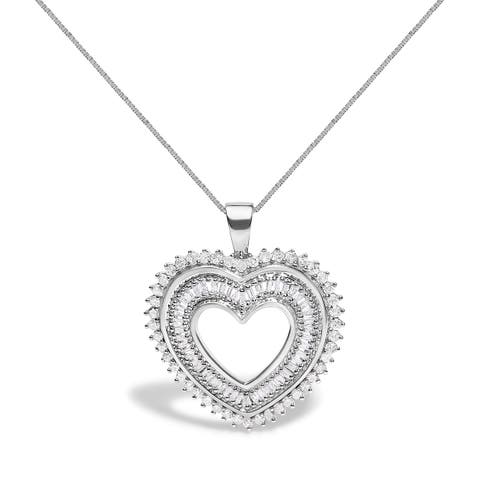 .925 Sterling Silver 1.0 Ctw Diamond Shadow Open Heart Halo Pendant Necklace