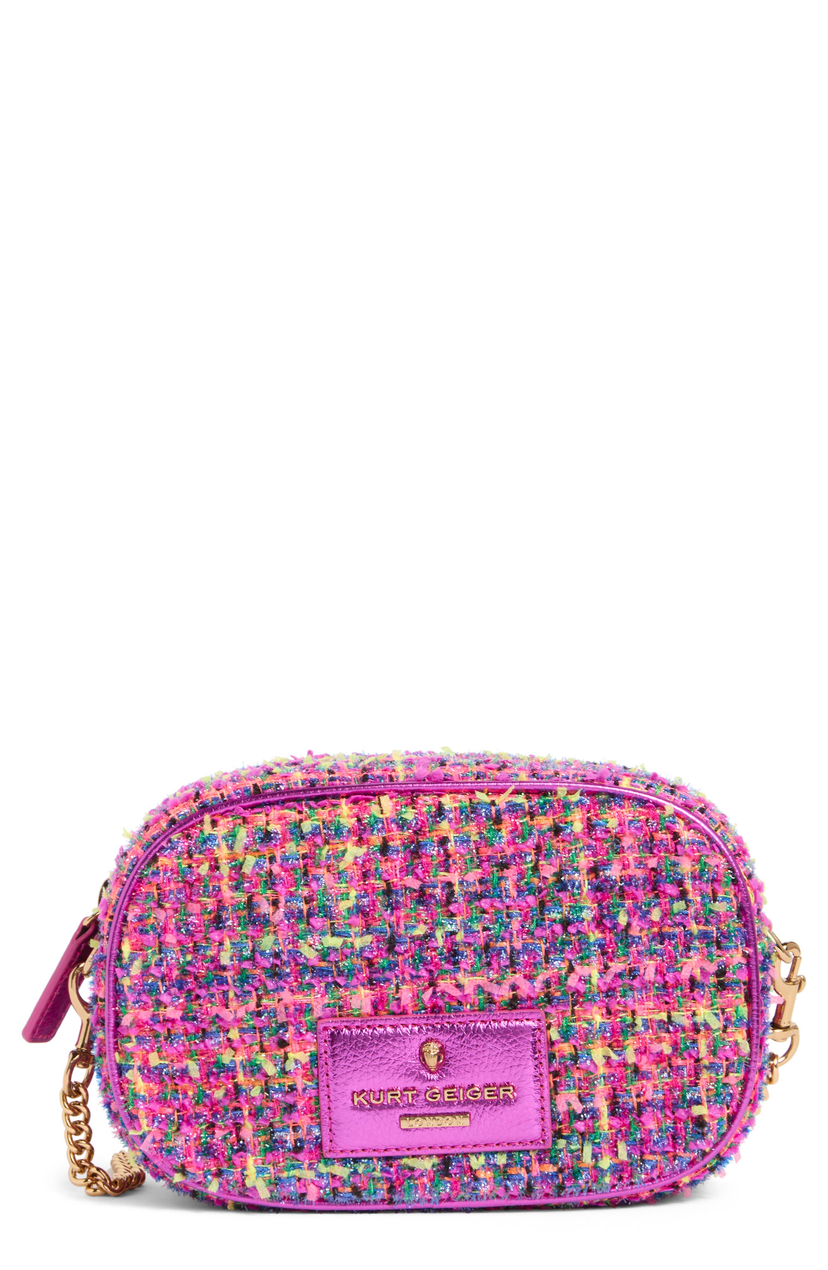Kurt Geiger London Tweed Chiswick Camera Crossbody Bag, Main, color, Open Pink