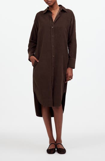 Shop Madewell Long Sleeve Corduroy Midi Shirtdress In Dark Carob