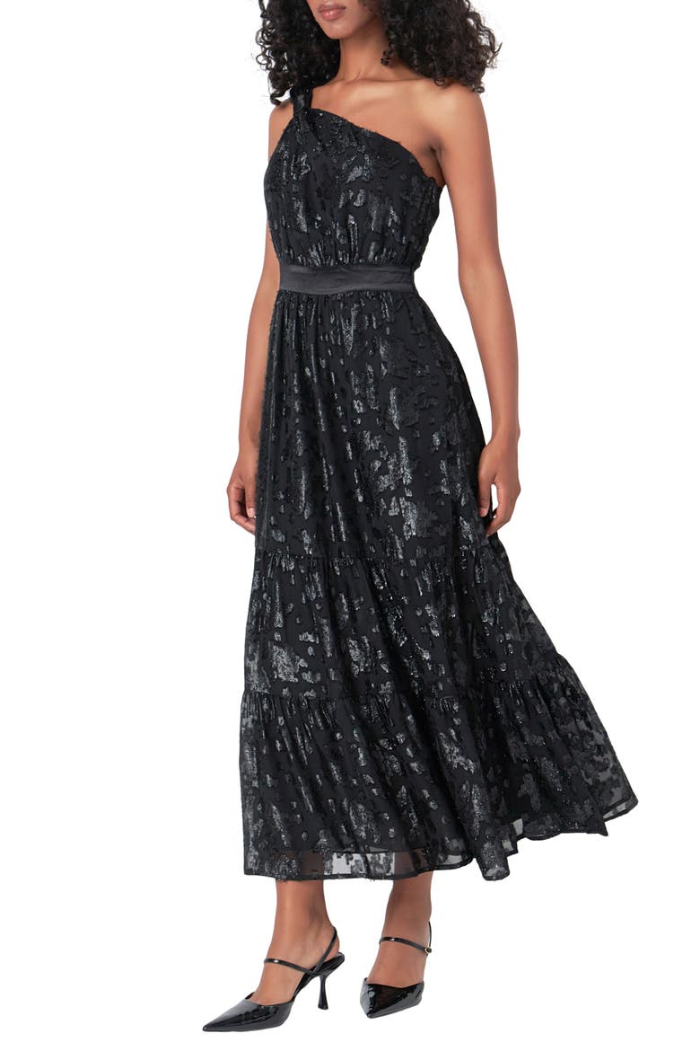 Metallic Floral One-Shoulder Chiffon Dress, Alternate, color, BLACK