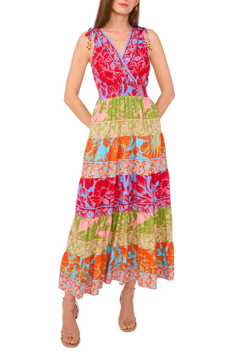 Vince Camuto Print Beaded Tiered Maxi Dress, Main, color, Shell Pink